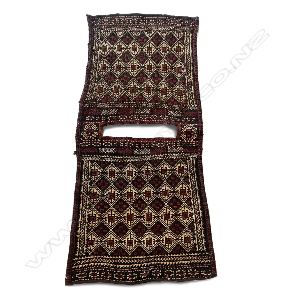 Wool flatweave saddle cloth,  two-part, diamond motif on red, brown, cream ground, 1365 x 655mm Image 1++